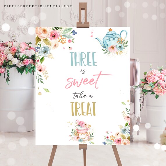 Tea Party Sign Three Is Sweet Take A Treat Sign Pink & Gold Floral Par-Tea Favors Floral Whimsical Tea Party Decorations Instant Download TR Il_570xn
