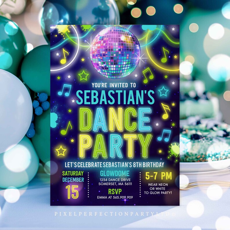 May include: A neon green and blue invitation for a dance party. The invitation features a disco ball, music notes, and stars. The text on the invitation reads "You're invited to Sebastian's Dance Party. Let's celebrate Sebastian's 8th birthday. Glowdome, Saturday, December 15, 1234 Dance Drive, Somerset, MA 56111, 5-7 PM, Wear neon or white to glow party! RSVP Emma at 565.909.909, PixelPerfectionParty.com".