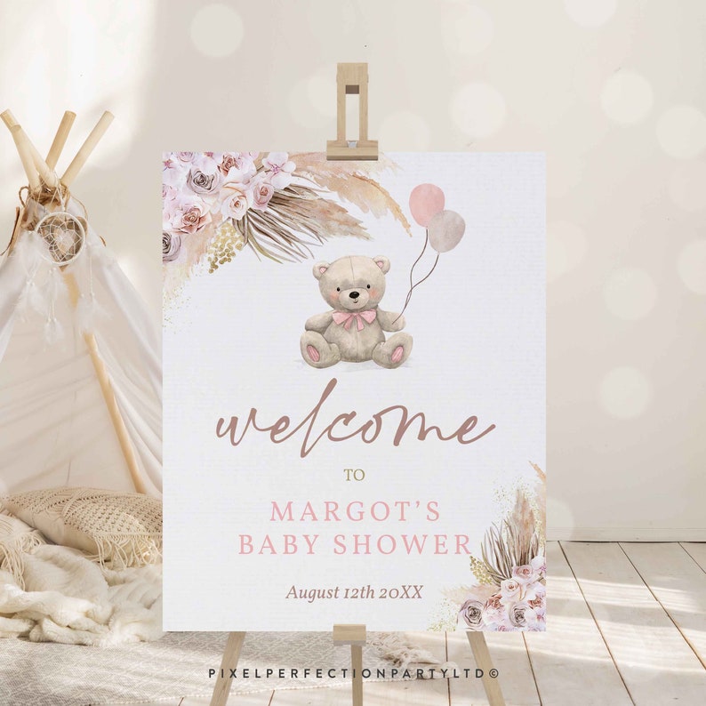 Editable Boho Teddy Bear Baby Shower Welcome Sign Bohemian Pampas Grass Pink Girl Boho Muted Tone Teddy Bear Baby Shower Instant Download KG image 1