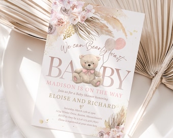 Editable Boho Teddy Bear Baby Shower Invitation Bohemian Pampas Grass Pink Teddy Bear Baby Shower Couples Co-Ed Shower Instant Download KG