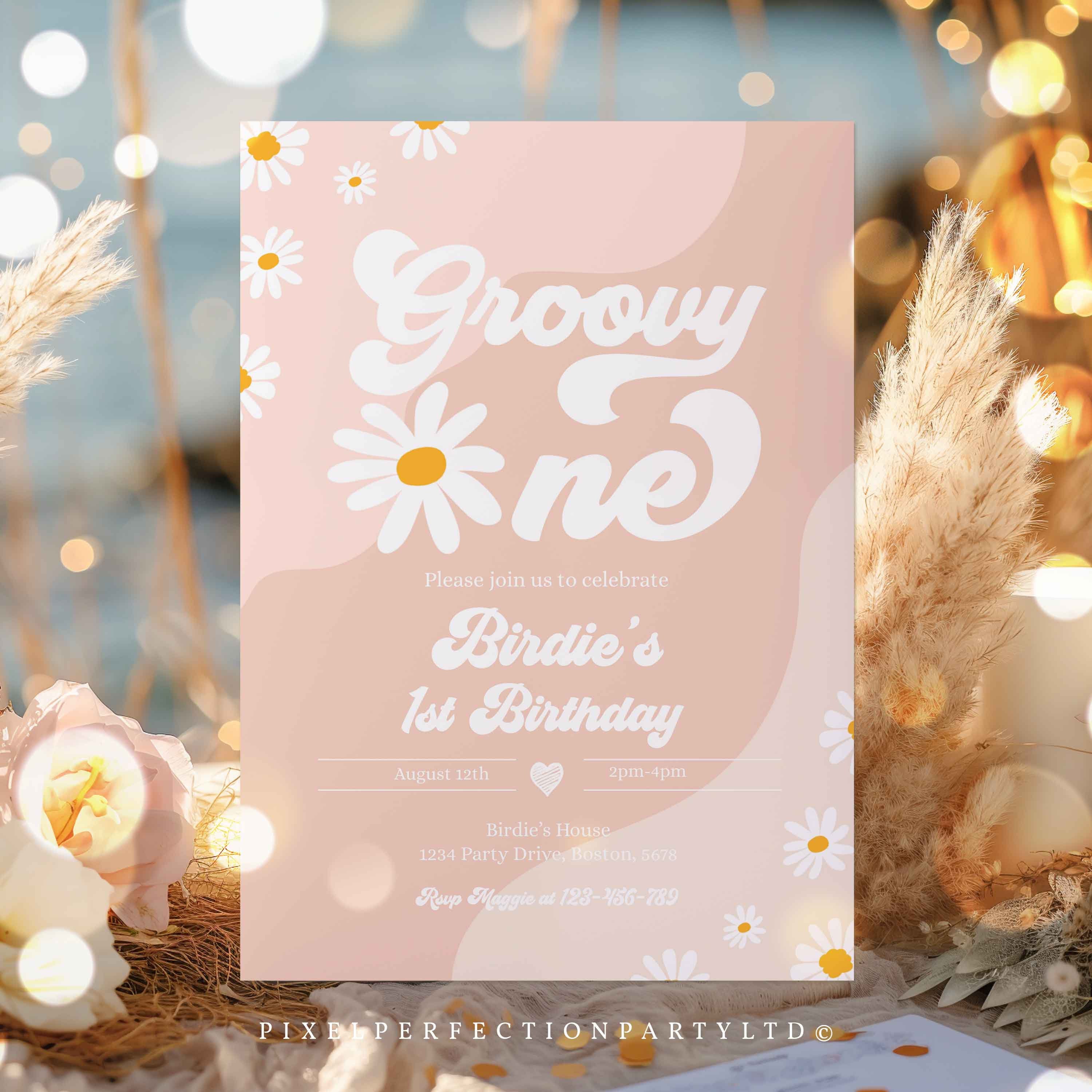 Editable Groovy One 1st Birthday Party Invitation Boho Retro Groovy ...