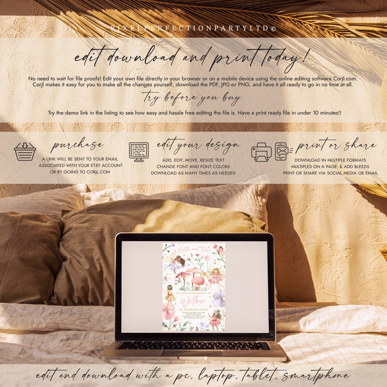 May include: A laptop displays a customizable invitation with a fairy theme. The text reads "edit download and print today!" and "edit your design." Instructions are provided for editing and printing the design.