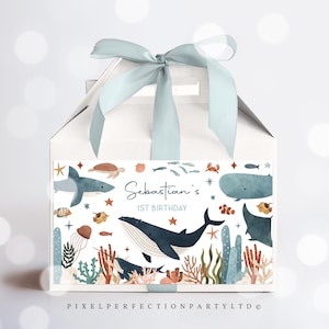 Editable Under the Sea Birthday Party Gable Box Label Whale Turtle Shark Jellyfish Sea Life Birthday Party Favors Decor Instant Download J9
