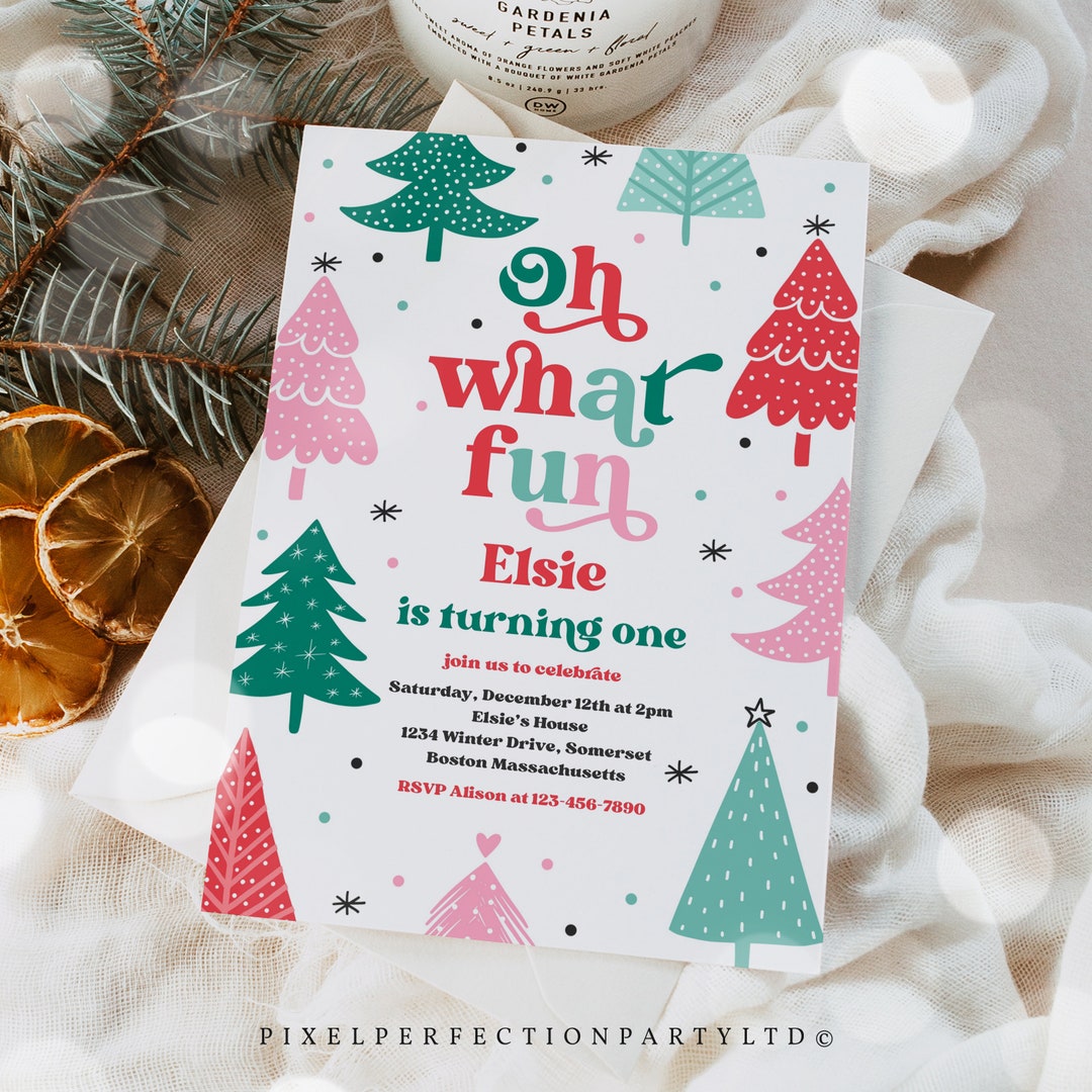 Editable Oh What Fun Christmas Birthday Party Invitation Red Christmas