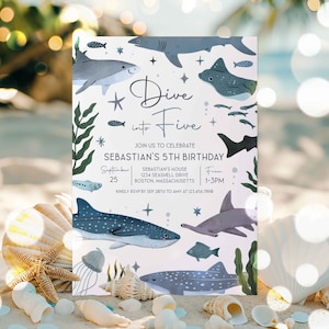 Editable Shark Dive Into Five 5th Birthday Party Invitation Shark Under the Sea 5th Birthday Sea Life Party Instant Download Editable JB