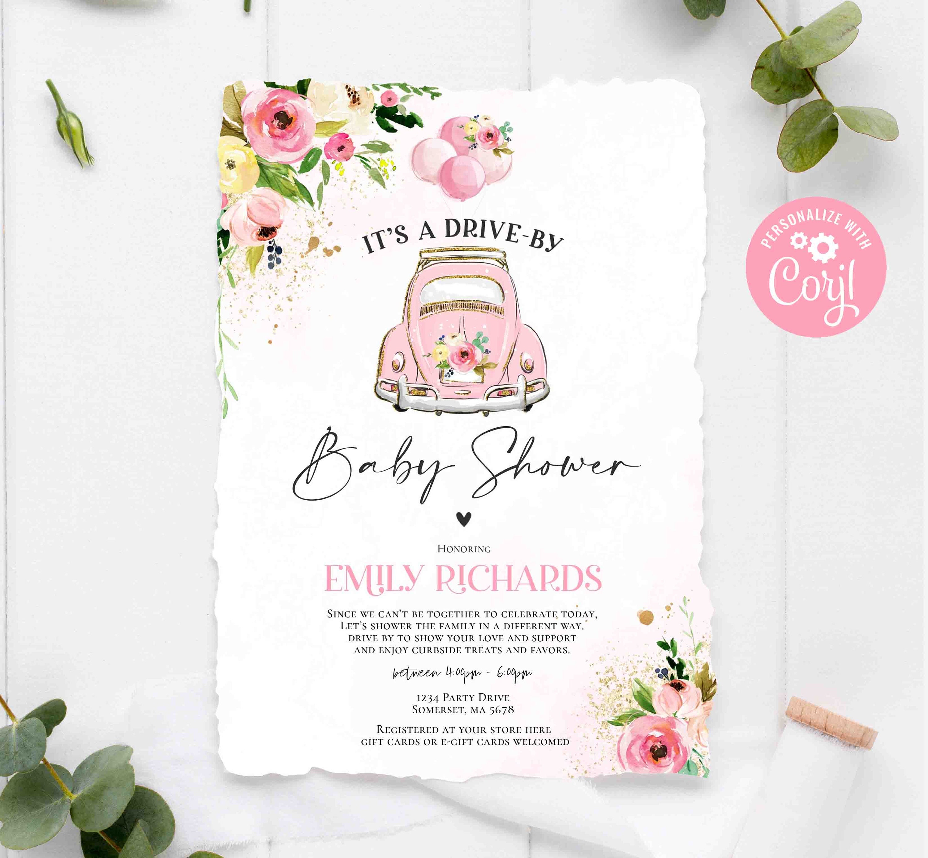 Editable Drive By Baby Shower Invitation Pink Floral Drive Etsy