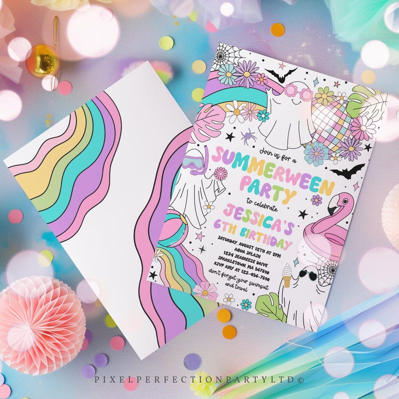 Editable Summerween Birthday Party Invitation Summer Halloween Ghost Birthday Groovy Rainbow Ghost Summer Pool Party Instant Download 37Y Bild 5