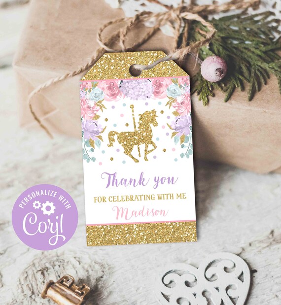 Carousel Favor Tag Gold Floral Carousel Birthday Favor Tag Carousel Fair Party Carousel Horse Thank You Tag Instant Editable File Corjl M7 Il_570xn