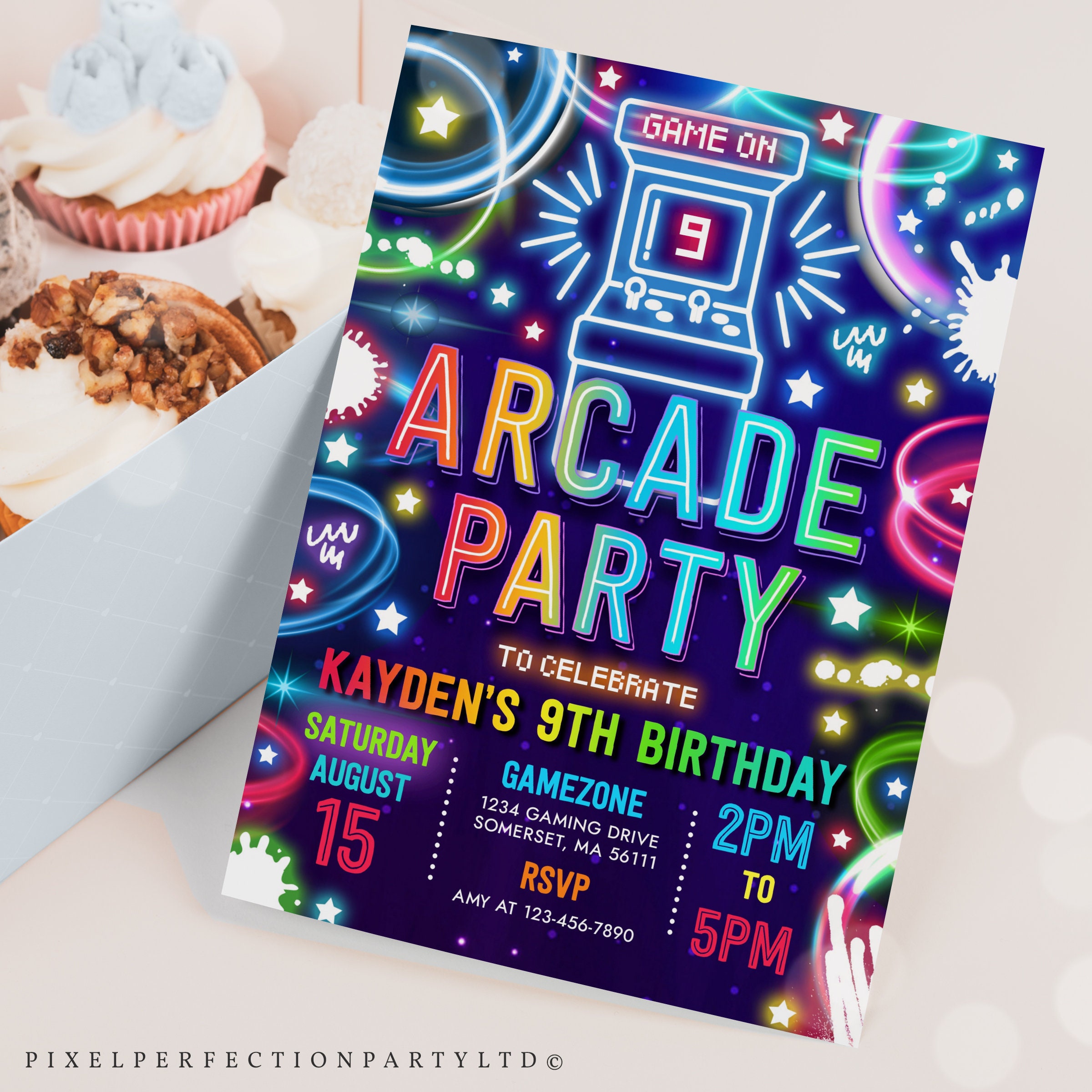 Buy Editable Arcade Party Birthday Invitation Boy Neon Glow Retro Online in India - Etsy