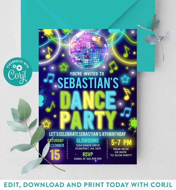 Editable Dance Party Invitation Glow Dance Party Birthday Invitation Neon Glow Disco Party Glow Dance Disco Party Instant Download Corjl GD Il_570xn