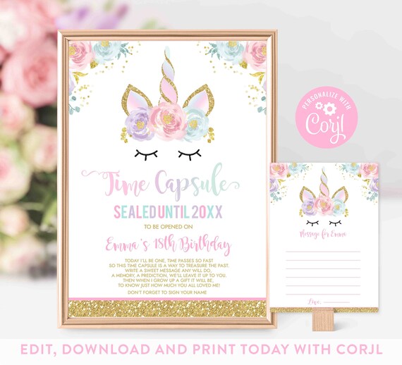 Unicorn Time Capsule And Matching Note Cards Unicorn Time Capsule Sign Whimsical Dreamy Unicorn Pink Gold Instant Download Editable MU1 Il_570xn