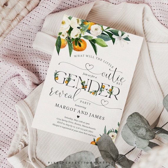 Editable Orange Gender Reveal Party Invitation What Will Our Little