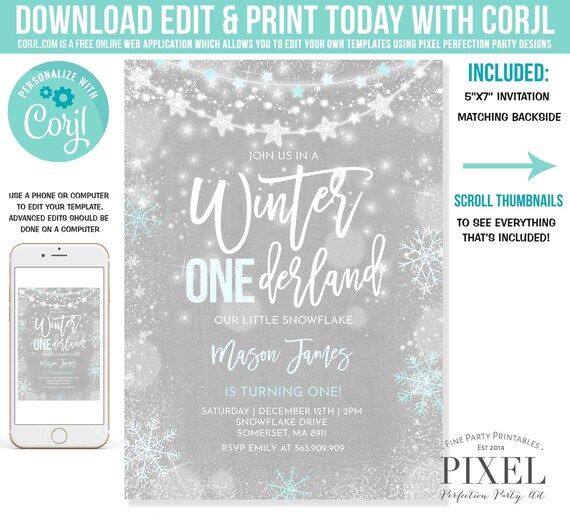 Winter ONEderland Invitation Rustic Winter ONEderland Invitation Blue And White Rustic Twinkle Lights Instant Download Editable Corjl I6 Il_570xn