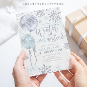 Editable WINTER ONEderland Invitation Blue And Silver Watercolor Snowflake Balloons Whimsical Winter ONEderland Birthday Instant Download HH image 3