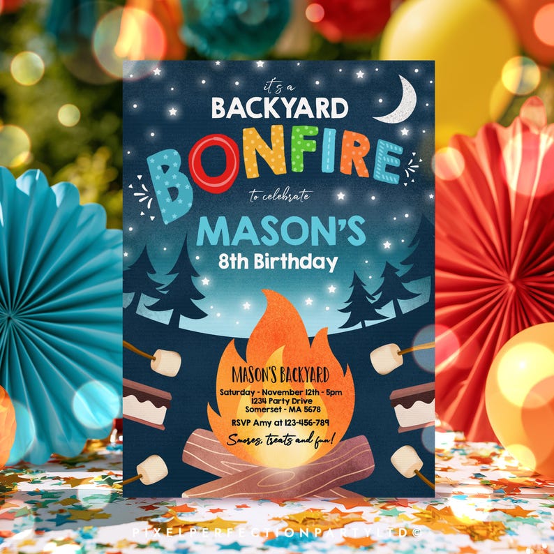 May include: A rectangular invitation card for a backyard bonfire 8th birthday party. The dark blue night sky features a crescent moon and stars above a forest silhouette. A campfire with logs and s'mores sits below with event details.