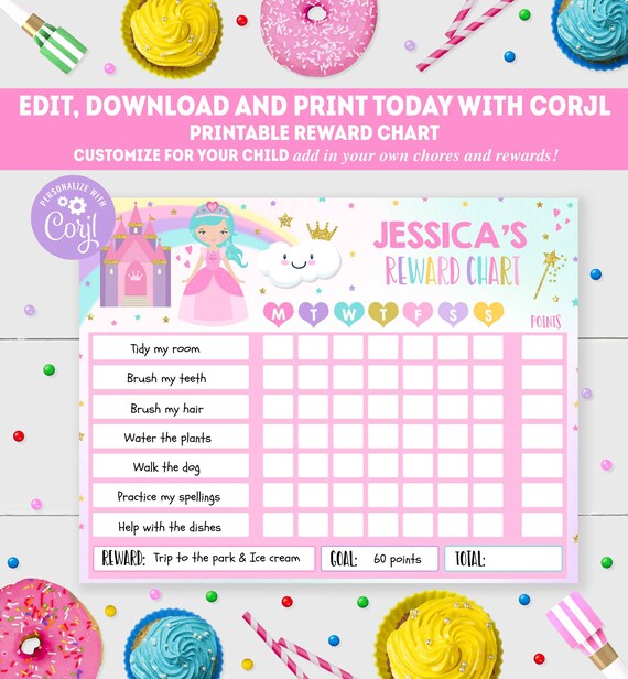 Princess Reward Chart Princess Kids Chore Chart Kids Princess Routine Chart Kids Responsibility Chore Chart Instant Download Editable PC Il_570xn