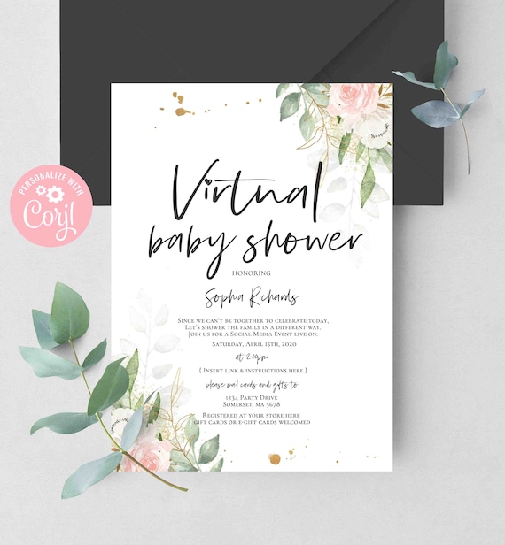 Editable Virtual Baby Shower Invitation Greenery Pink & Gold Virtual Baby Shower Invite Virtual Social Distancing Shower Instant Download BG Il_570xn