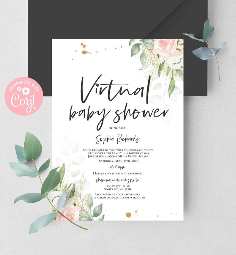 Editable Virtual Baby Shower Invitation Greenery Pink & Gold Etsy