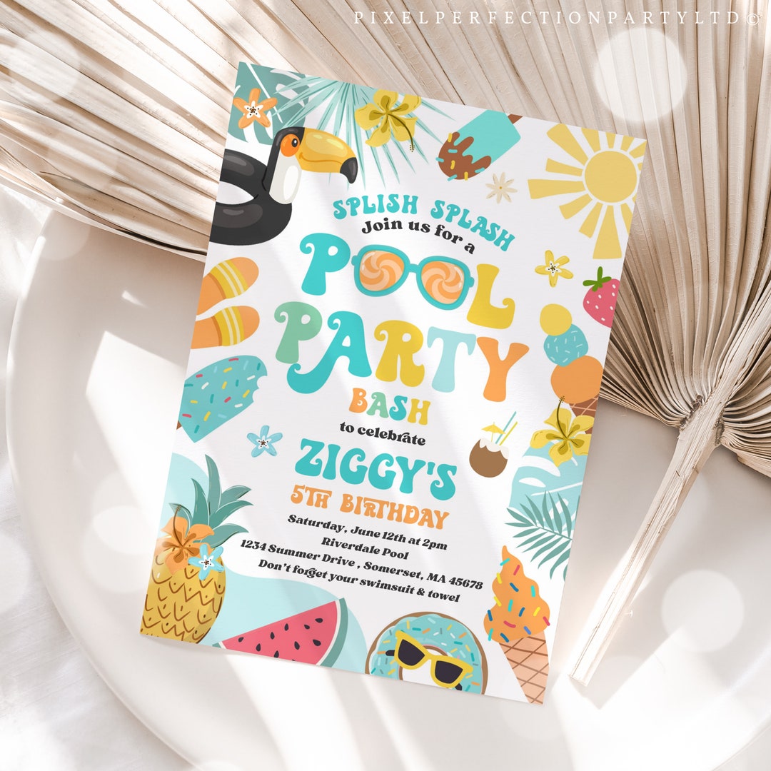 Editable Pool Party Invitation Tropical Splish Splash Toucan Pool Float ...