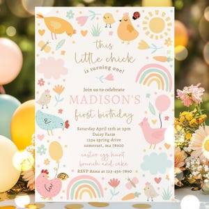 Editable Chicken Birthday Party Invitation This Chick Is Turning One Spring Farm Barnyard Chicken 1st Birthday Party Instant Download C24