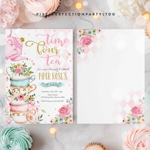 May include: A pink and gold tea party invitation featuring a teapot, teacups, and flowers. The text reads "Time for Tea" and "Join us for a tea party to celebrate Piper Rose's 4th birthday".