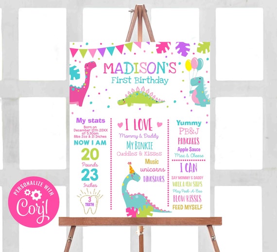 Dinosaur Birthday Milestone Poster Pink Dinosaur Birthday Stats Poster Girly Pink Dinosaur Birthday Party Instant Editable File Corjl J4 Il_570xn