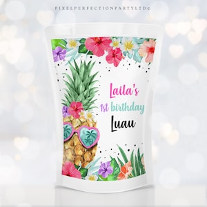 Bearbeitbares Hawaiianisches Luau Geburtstagssaftbeutel Label Ananas 1. Geburtstag Party Luau Geburtstag Luau Ananas Pool Party Sofortiger Download P5