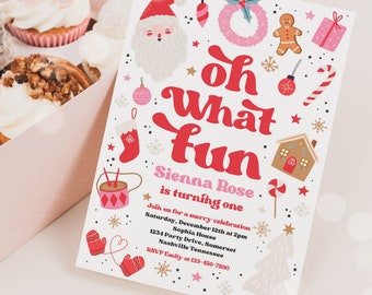 May include: A festive Christmas party invitation with a red and white color scheme. The invitation features a Santa Claus illustration, a gingerbread man, a candy cane, a Christmas tree, and the text "oh what fun Sienna Rose is turning one".