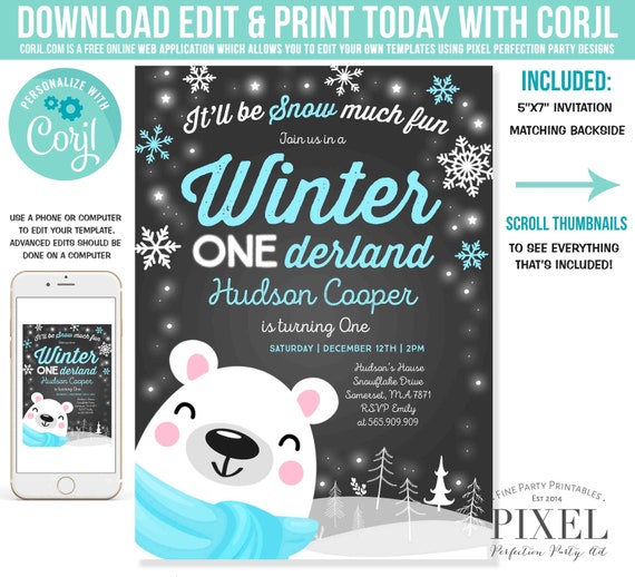 Polar Bear Birthday Invitation WINTER ONEderland Invitation Polar Bear Winter ONEderland Birthday Party Instant Editable File Corjl I9 Il_570xn