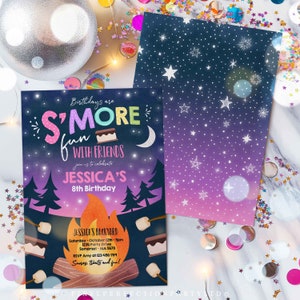 May include: A blue and purple invitation with stars and a campfire scene. The text reads "Birthdays are S'more Fun with Friends" and "Join us to celebrate Jessica's 8th Birthday".