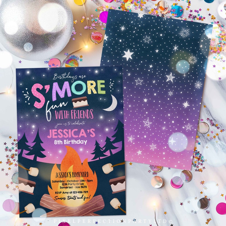 May include: A blue and purple invitation with stars and a campfire scene. The text reads "Birthdays are S'more Fun with Friends" and "Join us to celebrate Jessica's 8th Birthday".