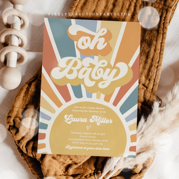 Editable Sunshine Baby Shower Invitation Oh Baby Sunshine Invitation Retro Sunshine Muted Tones Boho Baby Shower Instant Download 8R Il_570xn
