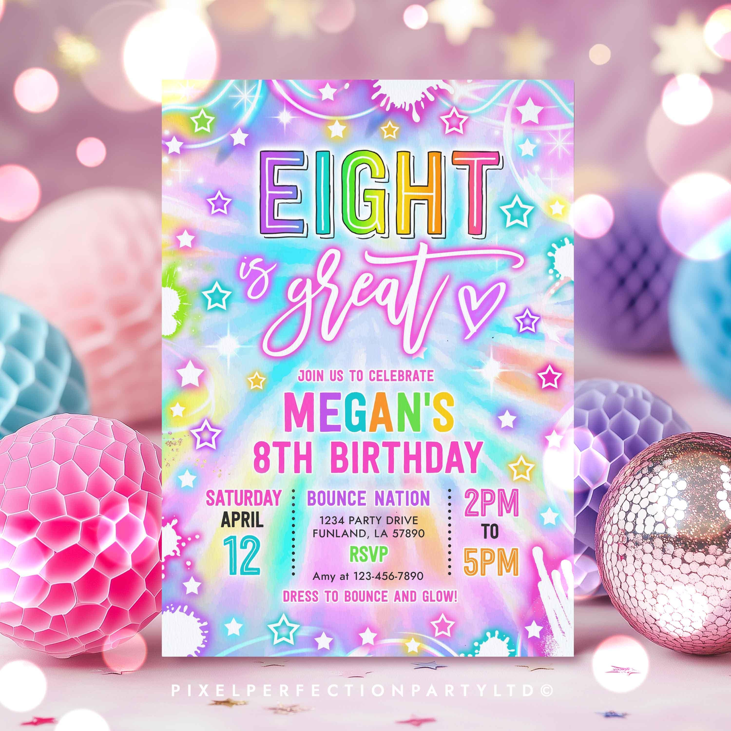 Editable Eight is Great Birthday Party Invitation Neon Glow 8th
