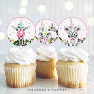 Safari Two Wild Cupcake Toppers Pink Safari Two Wild Cupcake Toppers Safari Sticker Tag Toppers Safari Party Decorations Instant Download PS image 2