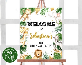 Editable Safari Welcome Sign Gold Safari Jungle Birthday Welcome Sign Animal Safari Party Table Decorations Instant Download Sign 25