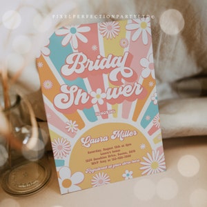 Editable Retro Bridal Shower Invitation Retro Bohemian Hippie Vibes Daisy 70s Flower Power Bridal Shower Invitation Instant Download 4R6 画像 3