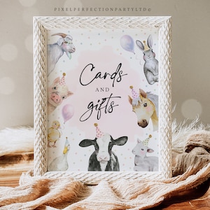 Cartes et cadeaux animaux de la ferme fête d'anniversaire signe fille rose printemps ferme basse-cour 1er anniversaire fête décorations téléchargement immédiat fichier HYS
