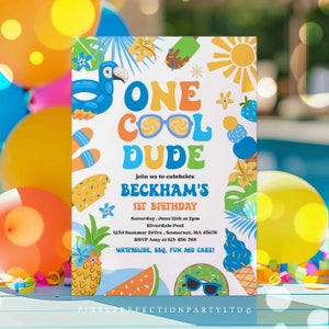 Editable One Cool Dude Birthday Party Invitation Tropical Splish Splash Summer Boy 1st Birthday Party Pool Party Instant Download SQ7