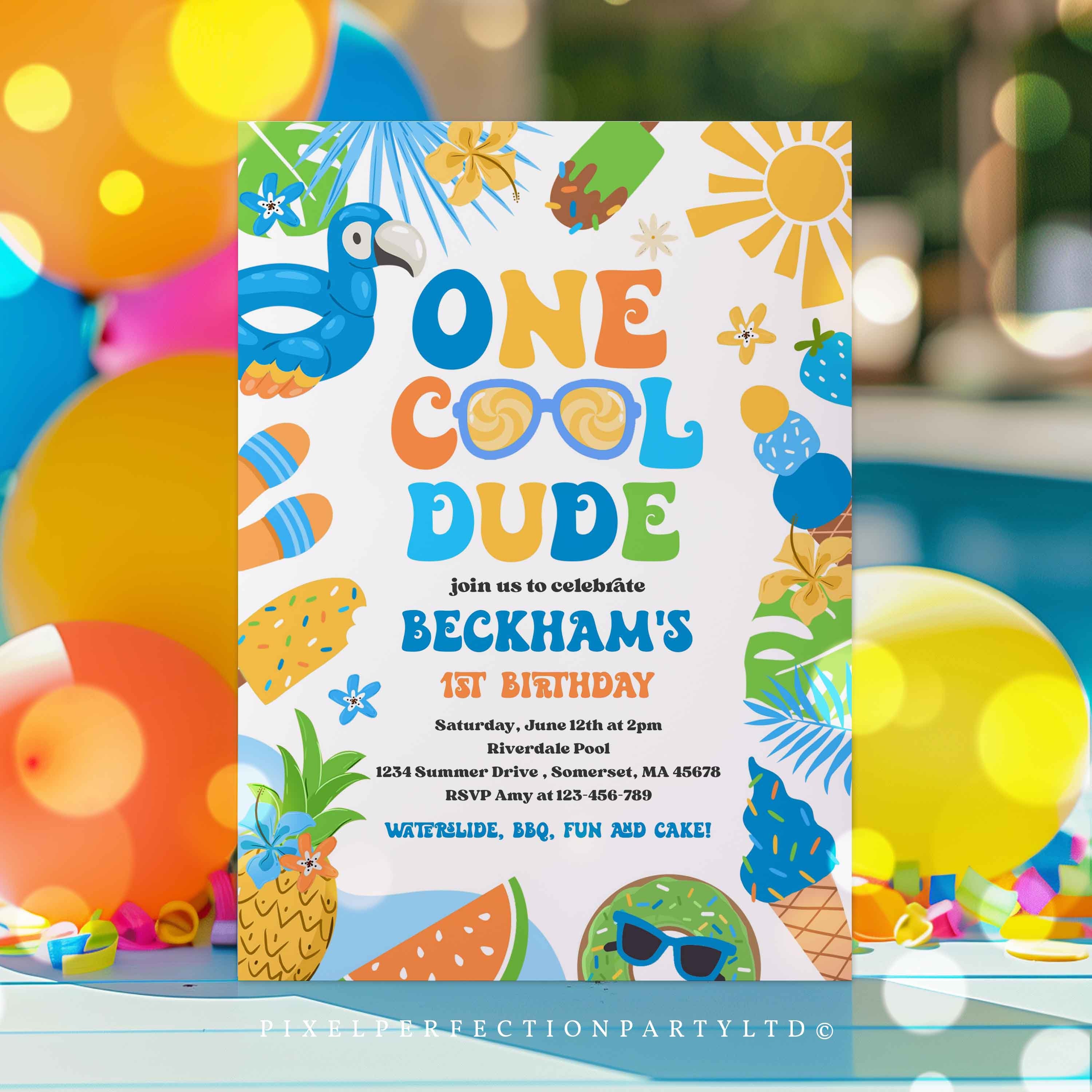 Editable One Cool Dude Birthday Party Invitation Tropical Splish