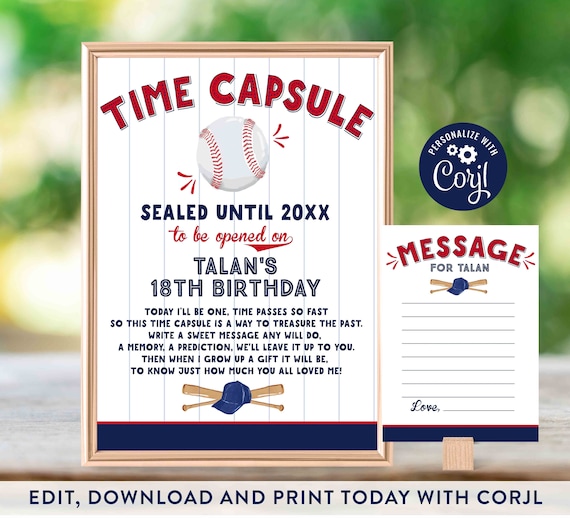 Baseball Time Capsule And Matching Note Card Baseball 1st Birthday Baseball Party Baseball Birthday Decor Instant Download Editable File 4U Il_570xn