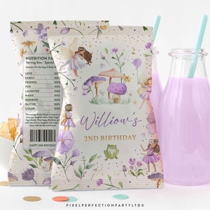 Editable Fairy Birthday Party Chip Bags Whimsical Enchanted Magical Floral Fairy Princess Party Chip Bag Favors Instant Download SF