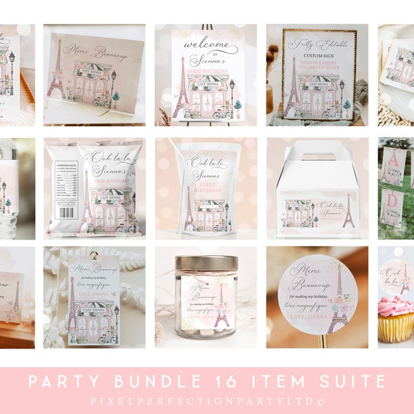 Editable Paris Birthday Invitation And Bundle French Parisian Cafe Tea Party Oh La La Patisserie Party Bundle Pack Kit Instant Download 7Y