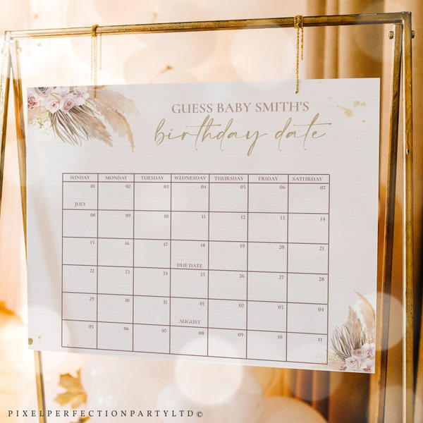 Editable Pampas Grass Baby Due Date Calendar Game Baby's Birth Date Game Boho Baby Shower Due Date Calendar Game Shower Instant Download PG