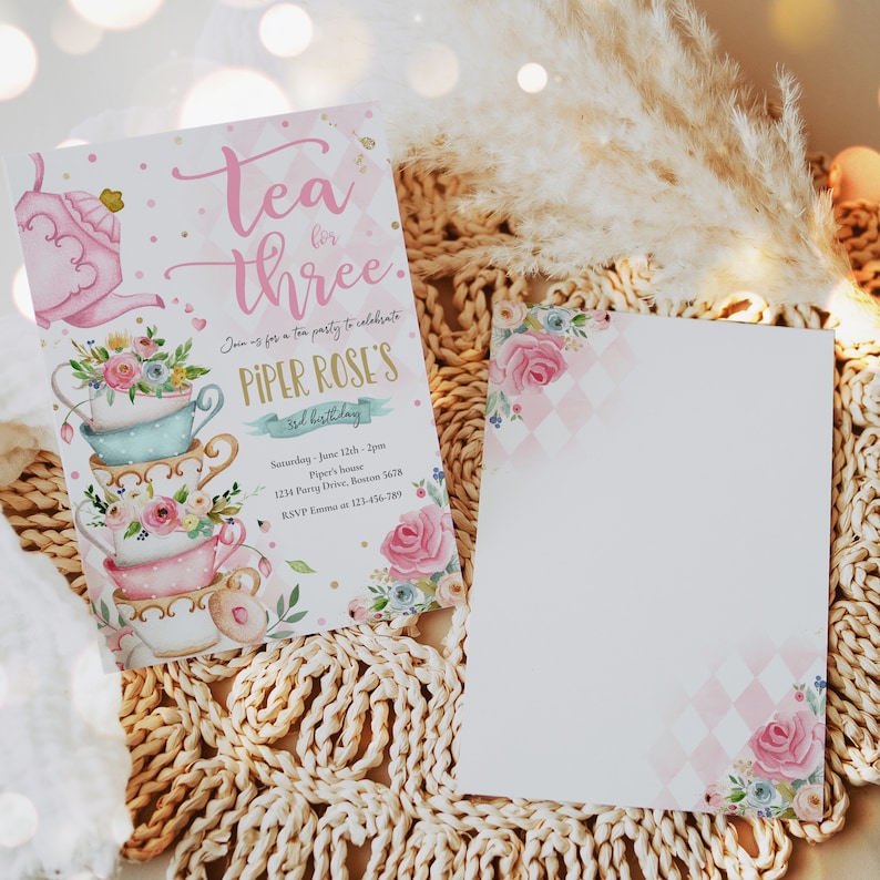 Editable Tea For Three Birthday Invitation Tea For Three 3rd Birthday Party Pink Gold Floral Whimsical Tea Party Instant Download TR image 9