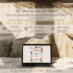May include: A printable invitation for a baby shower with a cowboy theme. The invitation features a watercolor illustration of a cowboy hat, boots, cacti, and a wagon wheel. The text on the invitation reads "A Little Cowboy is Coming to Town" and "Baby Shower".