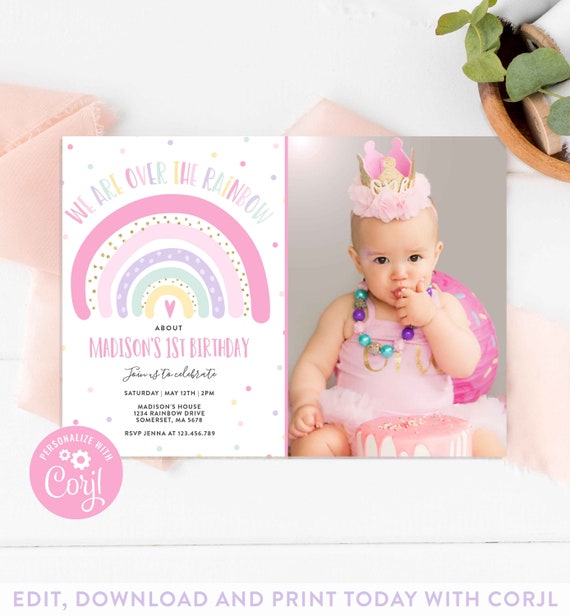 Editable Rainbow Birthday Invitation Pink Rainbow Party Invitation Pastel Pink Rainbow Birthday Modern Rainbow Party Instant Download RM Il_570xn
