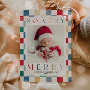 Editable Christmas Photo Card Template Modern Checkered Holiday Holiday Photo Bright Check Framed Holiday Photo Card Instant Download HH8