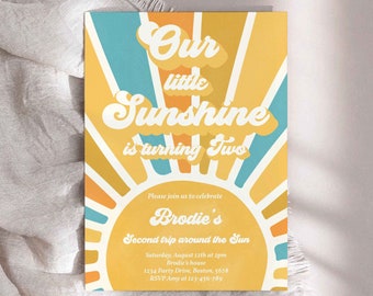 Editable Our Little Sunshine 2nd Birthday Invitation Retro Blue & Yellow Boy Second Trip Around The Sun Birthday Party Instant Download S7