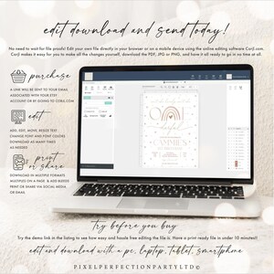 May include: A laptop screen displaying a pink and white printable invitation with a rainbow and the text "One Derful" and "Cammie's 1st Birthday". The text "edit download and send today!" is displayed at the top of the screen. The text "Try before you buy" is displayed at the bottom of the screen.
