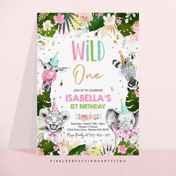 Editable Wild One Birthday Invitation Safari Animals Invite Jungle Safari Animal Party Pink Gold Monochrome Safari Party Instant Download PS Il_570xn